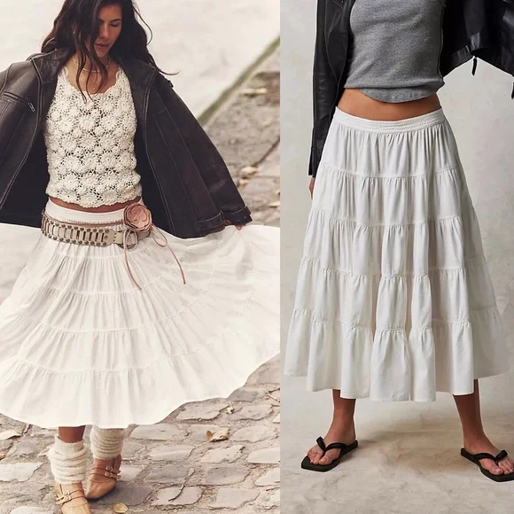 Free People In Full Swing Midi Skirt Tiered Peasant Ivory White Cotton NEW Small - Picture 12 of 13